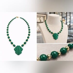 💚 Emerald Green & Gold Beaded Art Deco Statement Necklace 💛